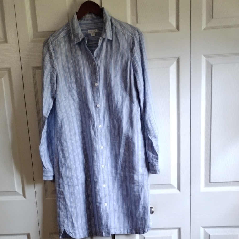 Light Blue & White Striped Button-Down Shirt Dress j.Jill 100 Linen Size Xsp